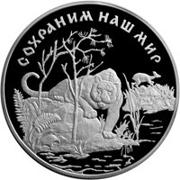 Фото памятная серебряная монета 25 рублей 1996 года из серии «Сохраним наш мир» — Амурский тигр, реверс