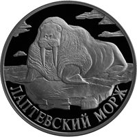 Фото юбилейная серебряная монета 1 рубль 1998 года из серии «Красная книга» — Лаптевский морж, реверс