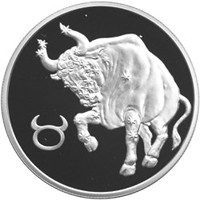 Фото юбилейная серебряная монета 2 рубля 2003 года из серии «Знаки зодиака» — Телец, реверс