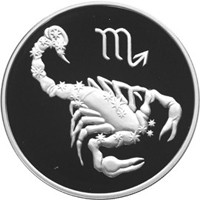 Фото юбилейная серебряная монета 3 рубля 2003 года из серии «Знаки зодиака» — Скорпион, реверс