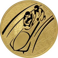 Фото юбилейная золотая монета 200 рублей 2010 года из серии «Зимние виды спорта» — Бобслей, реверс