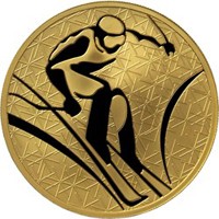 Фото юбилейная золотая монета 200 рублей 2010 года из серии «Зимние виды спорта» — Горнолыжный спорт, реверс