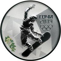 Фото юбилейная серебряная монета 3 рубля 2012 года из серии «XXII Олимпийские зимние игры и XI Паралимпийские зимние игры 2014 года в Сочи» — Сноуборд, реверс