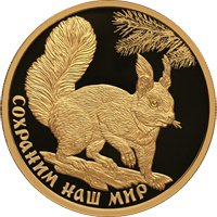 Фото памятная золотая монета 100 рублей 2023 года из серии «Сохраним наш мир» — Белка обыкновенная, реверс